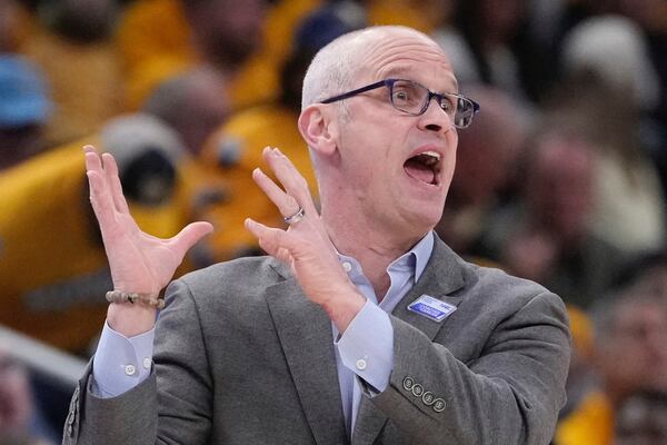 UConn head coach Dan Hurley reacts during the first half of an NCAA college basketball game Saturday, Feb. 1, 2025, in Milwaukee. (AP Photo/Morry Gash)