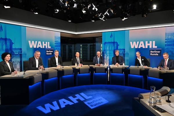 From left, Amira Mohamed Ali, co-leader of the Sahra Wagenknecht Alliance (BSW), Jan van Aken, co-leader of the Left Party (Die Linke), Robert Habeck, Vice Chancellor and member of the Greens, German Chancellor Olaf Scholz, Friedrich Merz, leader of the Christian Democratic Union (CDU), Markus Soeder, leader of the German Christian Social Union, (CSU), Alice Weidel, co-leader of the Alternative for Germany Party (AfD) and Christian Lindner, leader of the Free Democratic Party (FDP), attend a tv discussion after the national election in Berlin, Germany, Sunday, Feb. 23, 2025. (Stefanie Loos/Pool Photo via AP)