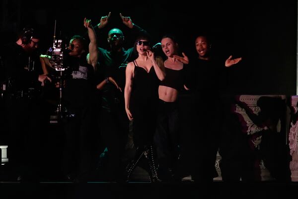 Lady Gaga takes part in a rehearsal a day ahead of her free concert, on Copacabana beach, in Rio de Janeiro, Friday, May 2, 2025. (AP Photo/Bruna Prado)