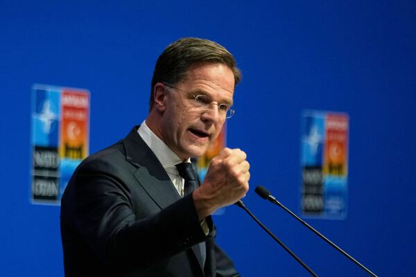 NATO Secretary General Mark Rutte attends a news conference at a NATO's informal meeting of foreign ministers in Antalya, southern Turkey, Thursday, May 15, 2025. (AP Photo/Khalil Hamra)