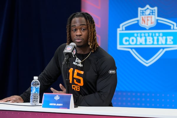 Boise State running back Ashton Jeanty speaks during a press conference at the NFL football scouting combine Friday, Feb. 28, 2025, in Indianapolis. (AP Photo/George Walker IV)