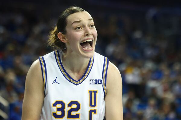 UCLA forward Angela Dugalic (32) reacts after a block during the first half of an NCAA college basketball game against Ohio State Wednesday, Feb. 5, 2025, in Los Angeles. (AP Photo/Jessie Alcheh)