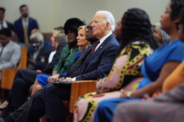 President Joe Biden, first lady Jill Biden and Rep. James Clyburn, D-S.C., attends a church service at Royal Missionary Baptist Church in North Charleston, S.C., Sunday, Jan. 19, 2025. (AP Photo/Stephanie Scarbrough)