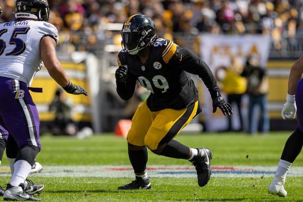 PFILE - ittsburgh Steelers defensive tackle Larry Ogunjobi (99) rushes during an NFL football game, Sunday, Oct. 8, 2023, in Pittsburgh, PA. (AP Photo/Matt Durisko, File)