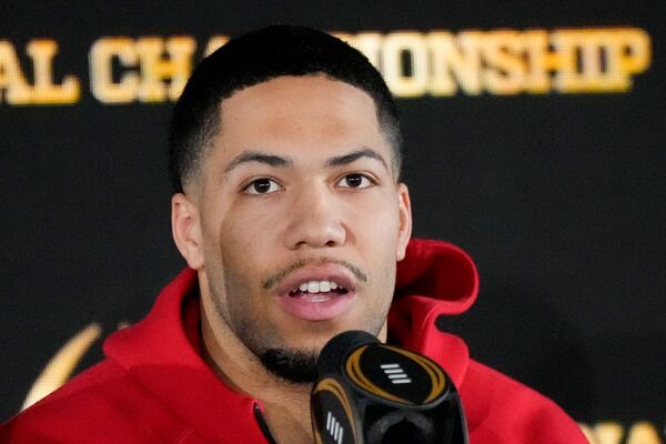 Ohio State linebacker Cody Simon talks during the winners news conference after the College Football Playoff national championship game against Notre Dame Tuesday, Jan. 21, 2025, in Atlanta. (AP Photo/Chris Carlson)