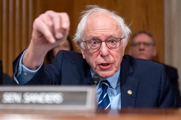 Health, Education, and Labor Committee Ranking Member Sen. Bernie Sanders, I-Vt., questions Linda McMahon, President Donald Trump's nominee for Secretary of Education, during a committee hearing on her nomination, Thursday, Feb. 13, 2025, in Washington. (AP Photo/Jacquelyn Martin)