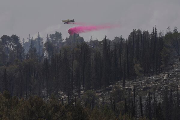 An Israeli aircraft drops fire retardant on a wildfire in Latrun, Israel, outside of Jerusalem, Thursday, May 1, 2025. (AP Photo/Ohad Zwigenberg)