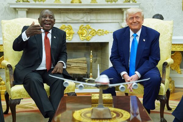 President Donald Trump meets South African President Cyril Ramaphosa in the Oval Office of the White House, Wednesday, May 21, 2025, in Washington. (AP Photo/Evan Vucci)
