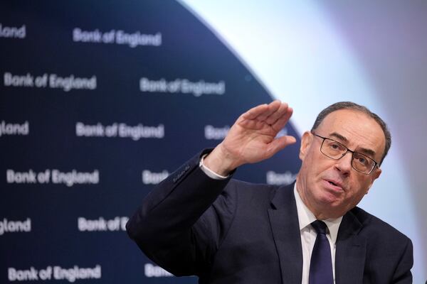 Andrew Bailey, Governor of the Bank of England , gestures as he speaks during the Monetary Policy Report press conference in London, Thursday, Feb. 6, 2025.(AP Photo/Kin Cheung, Pool)