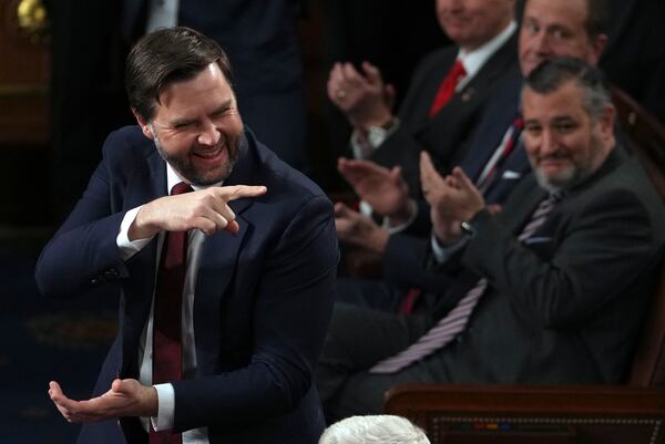 Vice President-elect JD Vance smiles after the certification for Ohio is read during a joint session of Congress to confirm the Electoral College votes, affirming President-elect Donald Trump's victory in the presidential election, Monday, Jan. 6, 2025, at the U.S. Capitol in Washington. (AP Photo/Matt Rourke)