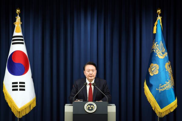 FILE - In this photo provided by South Korea Presidential Office, South Korean President Yoon Suk Yeol speaks during a press briefing at the presidential office in Seoul, South Korea, Tuesday, Dec. 3, 2024. (South Korea Unification Ministry via AP, File)