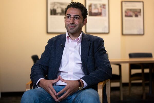 Mohsen Mahdawi speaks during an interview at the ACLU of Vermont on Thursday, May 8, 2025, in Montpelier, Vt. (AP Photo/Alex Driehaus)