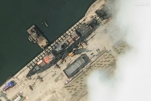 This satellite image provided by Maxar Technologies shows North Korea's new naval destroyer on May 18, 2025, in Chongjin, North Korea. (Maxar Technologies via AP)