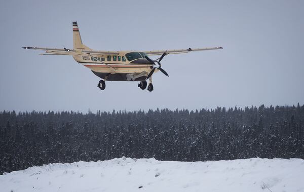 A Bering Air plane prepares to arrive in Ambler on Saturday, April 9, 2022. (Emily Mesner/Anchorage Daily News via AP)