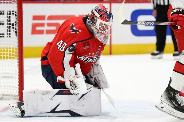 Washington Capitals goaltender Logan Thompson (48) stops the puck in the second period of Game 2 of a second-round NHL hockey playoff series against the Carolina Hurricanes Thursday, May 8, 2025, in Washington. (AP Photo/Nick Wass)