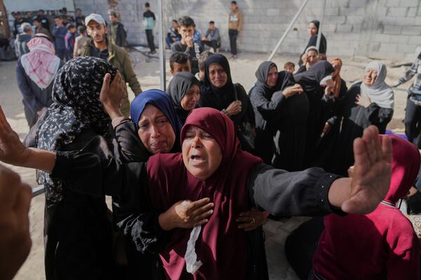 Palestinian women mourn their relatives killed in an Israeli army strike in Khan Younis, Gaza Strip, Saturday, May 3, 2025. (AP Photo/Abdel Kareem Hana)