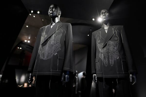 Designs by Ib Kamara for Off-White are displayed at the Metropolitan Museum of Art's Costume Institute exhibition, "Superfine: Tailoring Black Style," on Saturday, May 3, 2025, in New York. (Photo by Charles Sykes/Invision/AP)