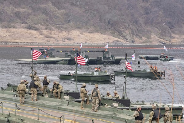 U.S. and South Korean army soldiers participate in a joint river-crossing exercise between South Korea and the United States as a part of the Freedom Shield military exercise on the Imjin River in Yeoncheon, South Korea, Thursday, March 20, 2025. (AP Photo/Ahn Young-joon)