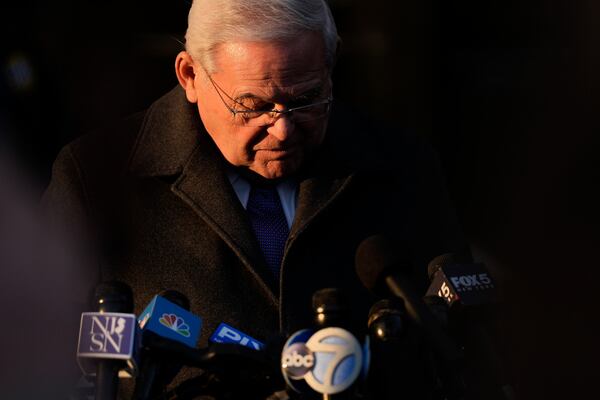 Former Sen. Bob Menendez, D-N.J. speaks after being sentenced to 11 years in prison on a conviction for accepting bribes of gold and cash and acting as an agent of Egypt, Wednesday, Jan. 29, 2025, in New York. (AP Photo/Julia Demaree Nikhinson)