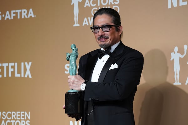 Hiroyuki Sanada poses in the press room with the award for outstanding performance by a male actor in a drama series for "Shogun" during the 31st annual Screen Actors Guild Awards on Sunday, Feb. 23, 2025, at the Shrine Auditorium in Los Angeles. (Photo by Jordan Strauss/Invision/AP)