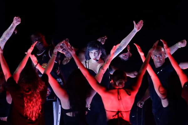 Lady Gaga takes part in a rehearsal a day ahead of her free concert, on Copacabana beach, in Rio de Janeiro, Friday, May 2, 2025. (AP Photo/Bruna Prado)