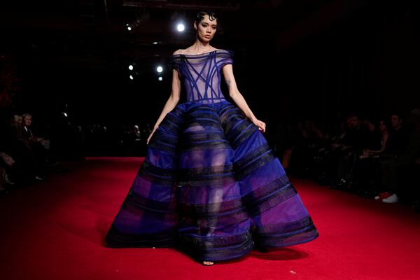 A model walks the runway during the Christian Siriano Fall/Winter 2025 fashion show at Chelsea Industrial during New York Fashion Week on Thursday, Feb. 6, 2025, in New York. (Photo by Charles Sykes/Invision/AP)