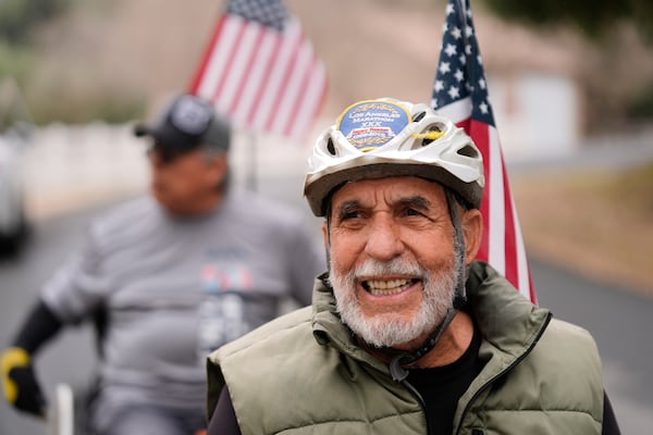 Rick Bingham, 87 trains for the LA Marathon on his ranch in Lake Elsinore, Calif., Tuesday, March 11, 2025. (AP Photo/Damian Dovarganes)