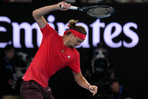 Alexander Zverev of Germany reacts during the men's singles final against Jannik Sinner of Italy at the Australian Open tennis championship in Melbourne, Australia, Sunday, Jan. 26, 2025. (AP Photo/Ng Han Guan)