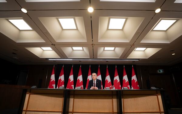 Prime Minister Mark Carney is seen during a news conference, in Ottawa, Friday, May 2, 2025. (Adrian Wyld /The Canadian Press via AP)