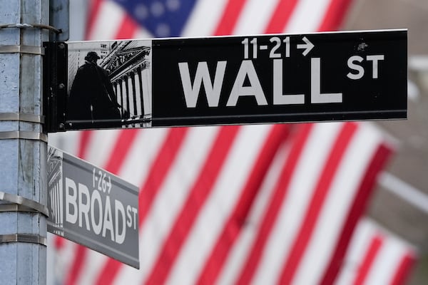 A sign outside the New York Stock Exchange marks the intersection of Wall and Broad Streets, Tuesday, Jan. 28, 2025, in New York. (AP Photo/Julia Demaree Nikhinson)