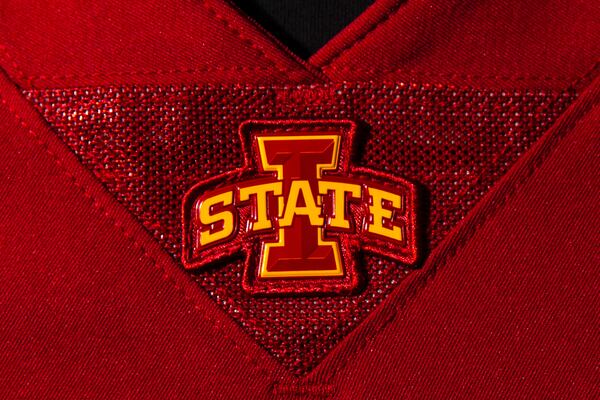 FILE - The Iowa State logo is featured on a team jersey during the the schools' NCAA college football media day, Friday, Aug. 4, 2023, at Jack Trice Stadium in Ames, Iowa. (Geoff Stellfox/The Gazette via AP, File)