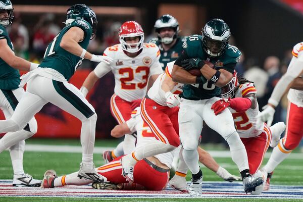 Philadelphia Eagles running back Saquon Barkley (26) runs during the second half of the NFL Super Bowl 59 football game against the Kansas City Chiefs, Sunday, Feb. 9, 2025, in New Orleans. (AP Photo/Matt Slocum)