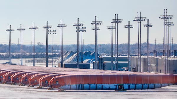 FILE - In this undated photo Boeing 737 Max fuselages sit on a tarmac outside of the Spirit AeroSystems' factory in Wichita, Kansas. (Travis Heying/The Wichita Eagle via AP, File)