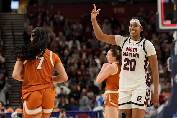 South Carolina forward Sania Feagin celebrates after scoring against Texas during the second half during of an NCAA college basketball game in the final of the Southeastern Conference tournament, Sunday, March 9, 2025, in Greenville, S.C. (AP Photo/Chris Carlson)