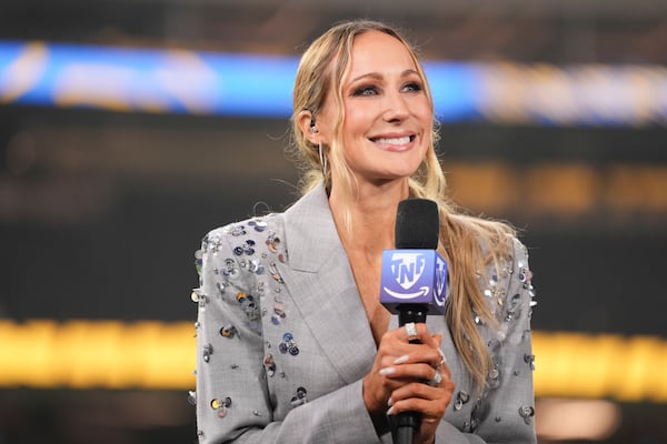 Nikki Glaser participates in a segment after an NFL football game between the Los Angeles Chargers and the Denver Broncos, Thursday, Dec. 19, 2024, in Inglewood, Calif. (AP Photo/Eric Thayer)