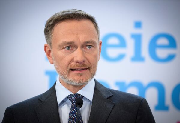 Christian Lindner, leader of the Free Democrats (FDP) party speaks during a press conference in Berlin, Germany, Monday, Feb. 24, 2025, the day after the national election (Bernd von Jutrczenka/dpa via AP)