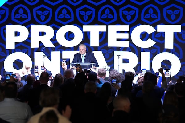 Ontario Progressive Conservative Leader Doug Ford speaks to supporters after he was re-elected as the Premier of Ontario in Toronto on Thursday, Feb. 27, 2025. (Chris Young/The Canadian Press via AP)