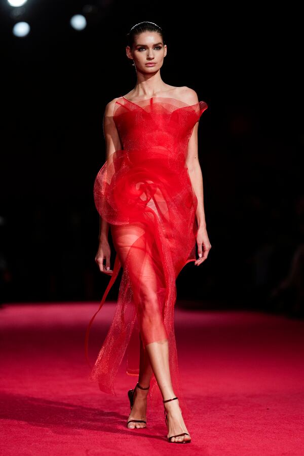 A model walks the runway during the Christian Siriano Fall/Winter 2025 fashion show at Chelsea Industrial during New York Fashion Week on Thursday, Feb. 6, 2025, in New York. (Photo by Charles Sykes/Invision/AP)