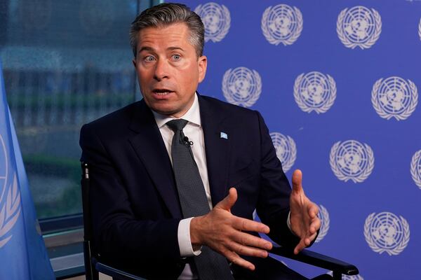 U.N. humanitarian chief Tom Fletcher responds to questions during an interview with The Associated Press at United Nations headquarters, Wednesday, May 14, 2025. (AP Photo/Richard Drew)