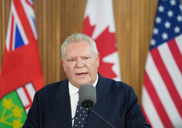 Ontario Premier Doug Ford holds a news conference regarding the new tariffs that the United States has placed on Canada, at Queen's Park in Toronto on Tuesday, March 4, 2025. (Nathan Denette/The Canadian Press via AP)