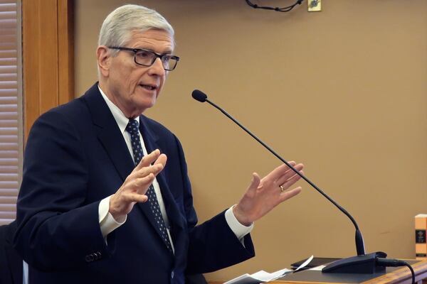 Fred Logan, a Kansas City-area attorney and a former Kansas Republican Party chair, urges a legislative committee not to scrap the current system of picking state Supreme Court justices in favor of electing them, Tuesday, Feb. 25, 2025, at the Statehouse in Topeka, Kans. (AP Photo/John Hanna)