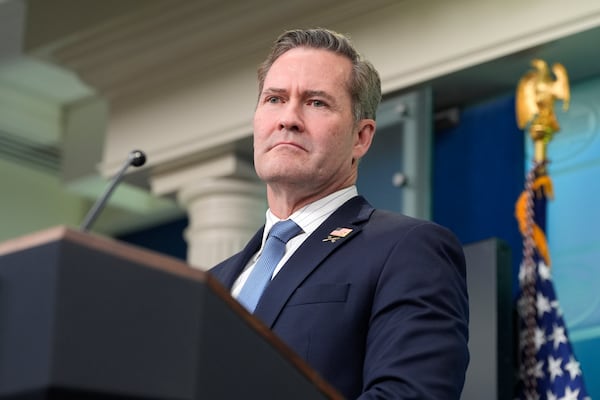 FILE - White House National Security Adviser Mike Waltz listens to a question from a reporter in the James Brady Press Briefing Room at the White House, in Washington, Feb. 20, 2025. (AP Photo/Alex Brandon, file)