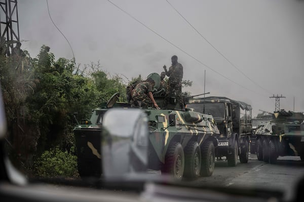 Congolese government troops deploy outside Goma, Democratic Republic of the Congo, Friday, Jan. 24, 2025, as M23 rebels are reported to close in on the town. (AP Photo/Moses Sawasawa)