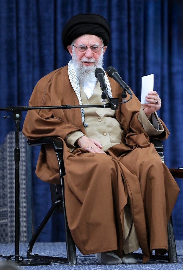 In this photo released by an official website of the office of the Iranian supreme leader, Supreme Leader Ayatollah Ali Khamenei speaks in a meeting with a group of air force officers in Tehran, Iran, Friday, Feb. 7, 2025. (Office of the Iranian Supreme Leader via AP)