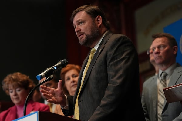 Pennsylvania Senate Majority Leader Joe Pittman, R-Indiana, speaks with members of the media, Tuesday, Feb. 4, 2025, at the state Capitol in Harrisburg, Pa. (AP Photo/Matt Rourke)