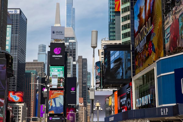 FIL E- A cell tower stands in Times Square in New York, June 25, 2024. (AP Photo/Ted Shaffrey, Fie)