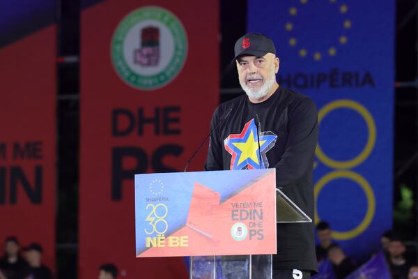Albania's Prime Minister Edi Rama speaks during his main election campaign rally in Tirana, Albania, Friday, May 9, 2025, as his ruling Socialist Party (PS) seeks a fourth term. (AP Photo/Vlasov Sulaj)