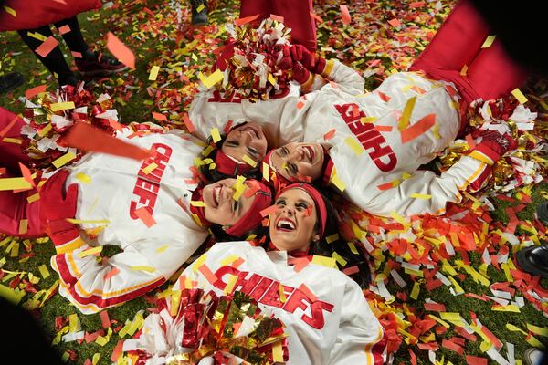 Cheerleaders celebrate the Kansas City Chiefs' victory over the Buffalo Bills following the AFC Championship NFL football game, Sunday, Jan. 26, 2025, in Kansas City, Mo. (AP Photo/Charlie Riedel)