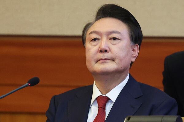 Impeached South Korean President Yoon Suk Yeol attends his impeachment trial at the Constitutional Court in Seoul, South Korea, Tuesday, Jan. 21, 2025. (Kim Hong-Ji/Pool Photo via AP)