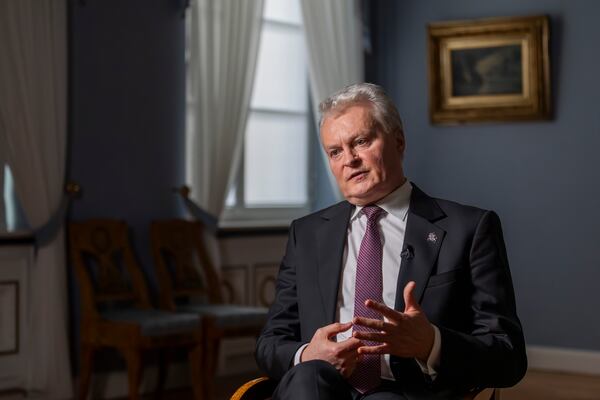 Lithuanian President Gitanas Nauseda speaks during an interview with The Associated Press at the President's palace in Vilnius, Lithuania, Thursday, Jan. 30, 2025. (AP Photo/Mindaugas Kulbis)